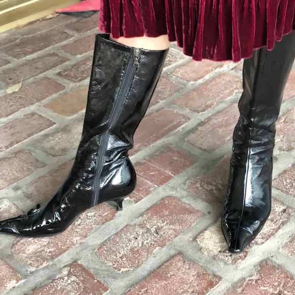 black patent kitten heel boots